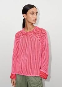 ME and EM Soft-Touch Rib Cotton Weekend Jumper in Red/Pink women’s red & pink stripe crew neck jumpers ~ womens breathable cotton sweaters
