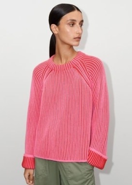ME and EM Soft-Touch Rib Cotton Weekend Jumper in Red/Pink women’s red & pink stripe crew neck jumpers ~ womens breathable cotton sweaters