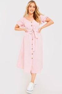 STACEY SOLOMON ORGANIC COTTON BLUSH BUTTON DOWN TIE WAIST PUFF SLEEVE MIDI DRESS ~ women’s light pink celebrity inspired summer dresses