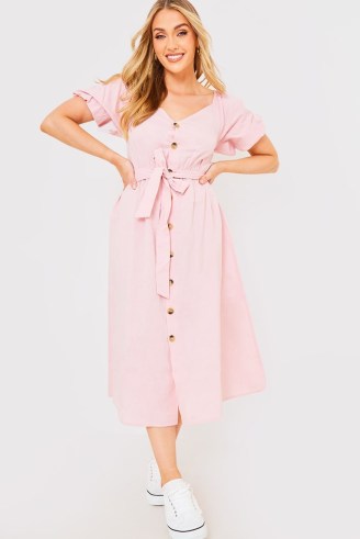 STACEY SOLOMON ORGANIC COTTON BLUSH BUTTON DOWN TIE WAIST PUFF SLEEVE MIDI DRESS ~ women’s light pink celebrity inspired summer dresses - flipped