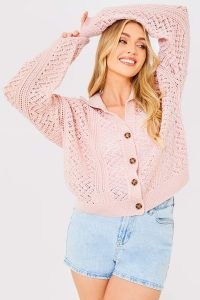 STACEY SOLOMON RECYCLED PINK CROCHET BUTTON DOWN CARDI ~ women’s collared cardigans ~ celebrity inspired knitwear ~ womens sustainable clothes