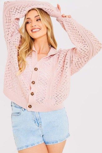 STACEY SOLOMON RECYCLED PINK CROCHET BUTTON DOWN CARDI ~ women’s collared cardigans ~ celebrity inspired knitwear ~ womens sustainable clothes - flipped