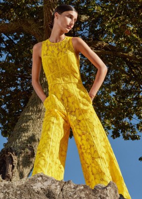 ME and EM Statement Guipure Lace Jumpsuit in Sun Yellow / sleeveless floral semi sheer jumpsuits / women’s summer occasion clothes / feminine occasionwear / luxury event clothing - flipped