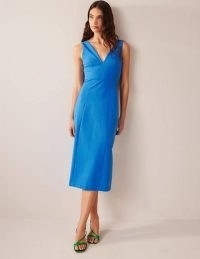 BODEN Strappy Back Jersey Midi Dress in Moroccan Blue – sleeveless fitted V-neck dresses