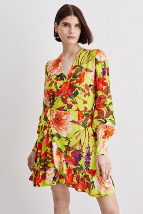 KAREN MILLEN Summer Botanical Wrap Mini Dress / long sleeve floral dresses / women’s responsibly sourced viscose clothing - flipped