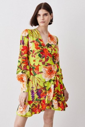 KAREN MILLEN Summer Botanical Wrap Mini Dress / long sleeve floral dresses / women’s responsibly sourced viscose clothing
