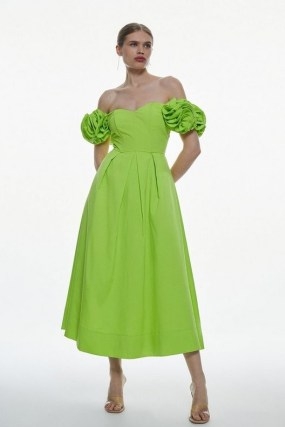 KAREN MILLEN Taffeta Rosette Corseted Woven Midi Dress in Lime ~ women’s bardot prom dresses ~ off the shoulder occasion clothes ~ fit and flare ~ ruffled details - flipped