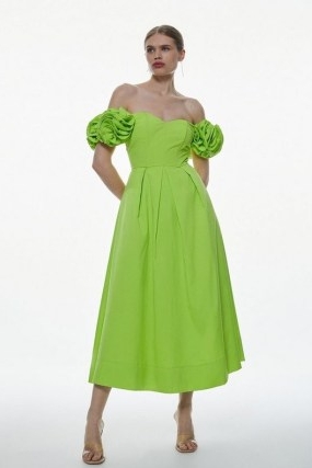 KAREN MILLEN Taffeta Rosette Corseted Woven Midi Dress in Lime ~ women’s bardot prom dresses ~ off the shoulder occasion clothes ~ fit and flare ~ ruffled details