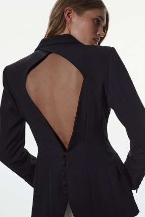 KAREN MILLEN Tailored Open Back Blazer in Black ~ women’s single button closure evening jackets ~ womens cut out occasion blazers - flipped