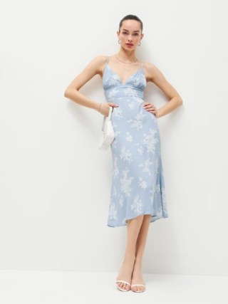 Reformation Talita Dress in Bijou – light blue floral print plunge front midi dresses – slim fit – shoulder strap ties – strappy summer clothes - flipped