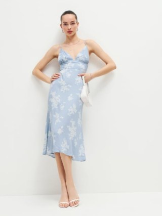 Reformation Talita Dress in Bijou – light blue floral print plunge front midi dresses – slim fit – shoulder strap ties – strappy summer clothes
