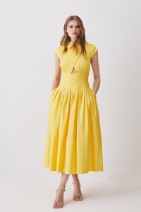 KAREN MILLEN Tall Polished Cotton Wrap Detail Full Skirt Midaxi Dress Yellow – cap sleeve collared fit and flare dresses – front cut out detail clothes – women’s summer clothing