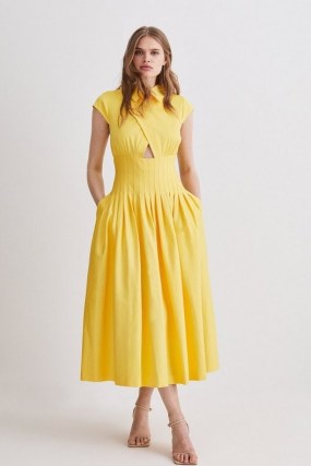 KAREN MILLEN Tall Polished Cotton Wrap Detail Full Skirt Midaxi Dress Yellow – cap sleeve collared fit and flare dresses – front cut out detail clothes – women’s summer clothing - flipped