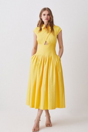 KAREN MILLEN Tall Polished Cotton Wrap Detail Full Skirt Midaxi Dress Yellow – cap sleeve collared fit and flare dresses – front cut out detail clothes – women’s summer clothing