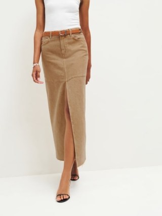 Reformation Tazz Maxi Denim Skirt in Vintage Marzipan – light brown front slit skirts – chic fashion