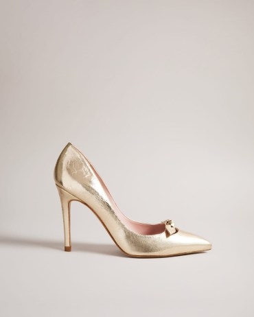TED BAKER Telila Bow Detail Court Shoes in Gold / metallic courts / shiny high heels - flipped
