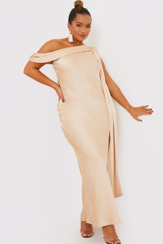 TERRIE MCEVOY GOLD ASYMMETRIC DRAPED NECKLINE MAXI DRESS ~ one shoulder drape detail party dresses