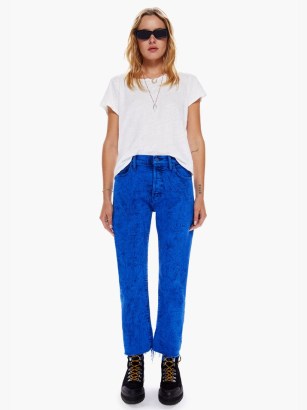 MOTHER DENIM The Ditcher Crop Fray in Blazing Blue | women’s slouchy straight leg jeans | cropped frayed hems | designed to sit on hips | womens relaxed fit jean