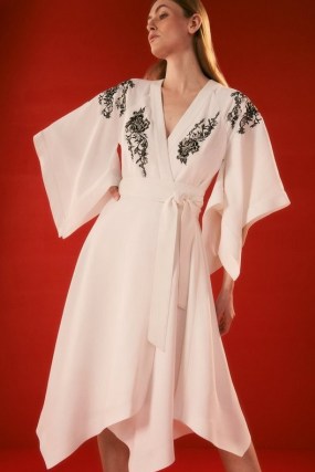 KAREN MILLEN The Founder Kimono Style Embroidered Midi Dress in Ivory | wide sleeve tie waist wrap dresses | handkerchief hem | oriental inspired occasion clothes