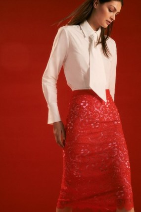 KAREN MILLEN The Founder Lace Woven Skirt in Red | semi sheer overlay pencil skirts | midi length | scalloped hem - flipped