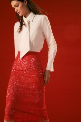 KAREN MILLEN The Founder Lace Woven Skirt in Red | semi sheer overlay pencil skirts | midi length | scalloped hem