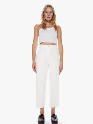 MOTHER DENIM The Patch Pocket Private Ankle Fray in Cream Puffs | women’s off white jeans | crop hem | frayed cropped hems - flipped