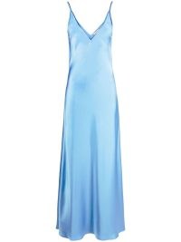 There Was One satin slip dress in sky blue / silky sleeveless plunge front maxi dresses