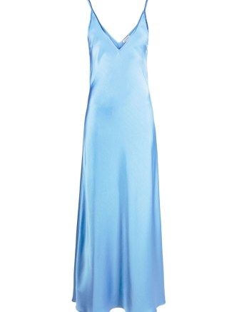 There Was One satin slip dress in sky blue / silky sleeveless plunge front maxi dresses