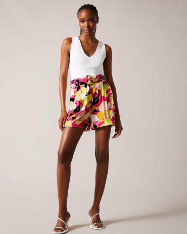 TED BAKER Thiana Abstract Print Tailored Shorts in Bright Pink / women’s floral summer clothes - flipped