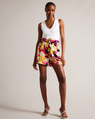 TED BAKER Thiana Abstract Print Tailored Shorts in Bright Pink / women’s floral summer clothes