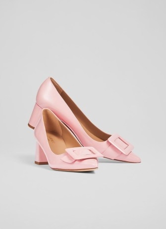 L.K. Bennett Tia Pink Patent Buckle-Detail Courts | buckled retro style court shoes | luxury pointed toe leather block heels | luxe vintage look footwear - flipped