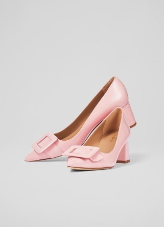 L.K. Bennett Tia Pink Patent Buckle-Detail Courts | buckled retro style court shoes | luxury pointed toe leather block heels | luxe vintage look footwear