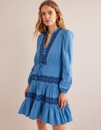 Tiered Embroidered Dress in Porcelain Blue – women’s blouson sleeve tiered hem dresses – womens bohemian cotton clothes – boho summer clothing – folk style fashion