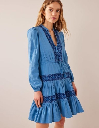 Tiered Embroidered Dress in Porcelain Blue – women’s blouson sleeve tiered hem dresses – womens bohemian cotton clothes – boho summer clothing – folk style fashion - flipped