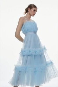 KAREN MILLEN Tulle Bandeau Tiered Midi Dress in Blue – semi sheer ruffle trim occasion dresses – feminine occasionwear