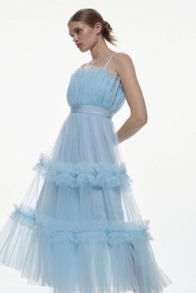 KAREN MILLEN Tulle Bandeau Tiered Midi Dress in Blue – semi sheer ruffle trim occasion dresses – feminine occasionwear - flipped