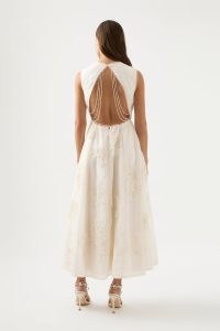 Aje Vera Beaded Flower Midi Dress in Ivory ~ bead embellished open back occasion dresses ~ luxury event fashion ~ luxe sleeveless fit and flare ~ women’s feminine party clothing ~ cut out detail clothes