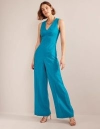 BODEN V-Neck Occasion Jumpsuit in Crystal Teal – women’s blue sleeveless wide leg jumpsuits
