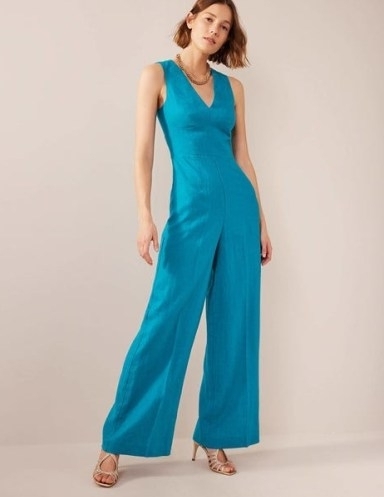 BODEN V-Neck Occasion Jumpsuit in Crystal Teal – women’s blue sleeveless wide leg jumpsuits - flipped