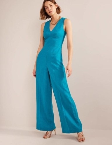 BODEN V-Neck Occasion Jumpsuit in Crystal Teal – women’s blue sleeveless wide leg jumpsuits