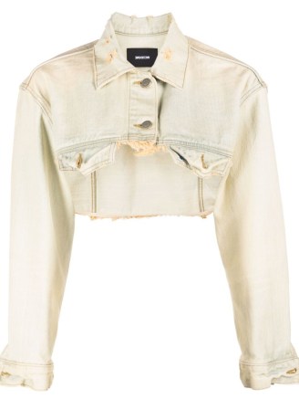 We11done bleached cropped denim jacket in light beige | women’s distressed ultra crop hem jackets - flipped