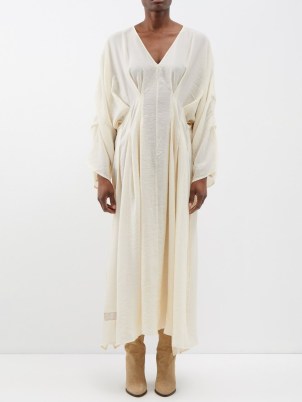 FORTELA Ariz lyocell-blend dress in white ~ fluid flowing asymmetric hemline dresses ~ thigh high slit hem ~ chic clothing