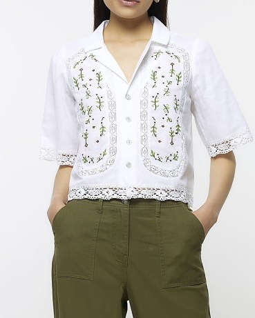 RIVER ISLAND WHITE BRODERIE SHORT SLEEVE SHIRT ~ women’s lace trimmed shirts - flipped