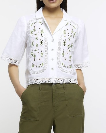 RIVER ISLAND WHITE BRODERIE SHORT SLEEVE SHIRT ~ women’s lace trimmed shirts
