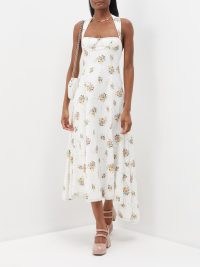 YUHAN WANG White bustier-seam floral-print cotton midi dress ~ sleeveless draped hem dresses ~ asymmertric summer clothes
