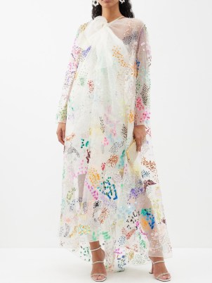 ASHISH Confetti sequinned silk-organza cape coat in white – luxury sheer occasion coats – flowing long length evening jackets – luxe event clothing