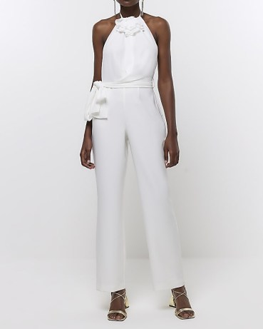 RIVER ISLAND WHITE CORSAGE HALTER NECK JUMPSUIT ~ halterneck jumpsuits ~ women’s all-in-one party fashion - flipped
