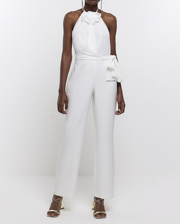 RIVER ISLAND WHITE CORSAGE HALTER NECK JUMPSUIT ~ halterneck jumpsuits ~ women’s all-in-one party fashion