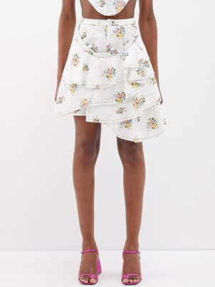 YUHAN WANG White floral-print tiered denim skirt ~ ruffled astmmetric hemline skirts