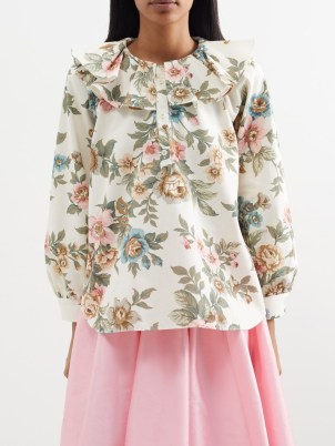 THE MEANING WELL White Josephine floral-print ruffled cotton blouse – ruffle detail blouses – women’s top with oversized collar – feminine collared tops - flipped
